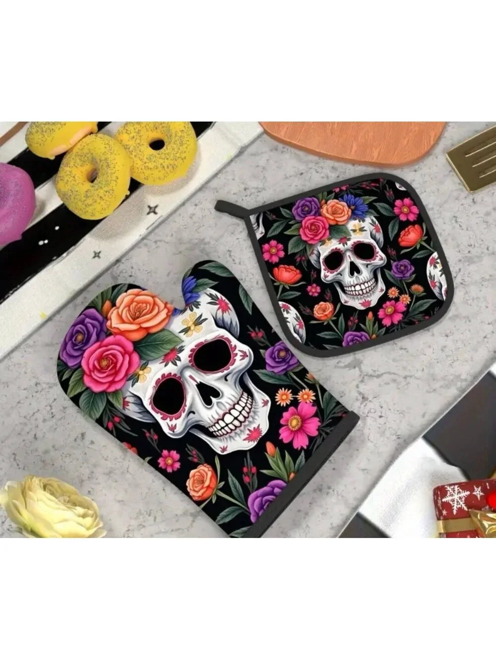 New - 2pcs Floral Skull - Oven Mitts and Pot Holders Set